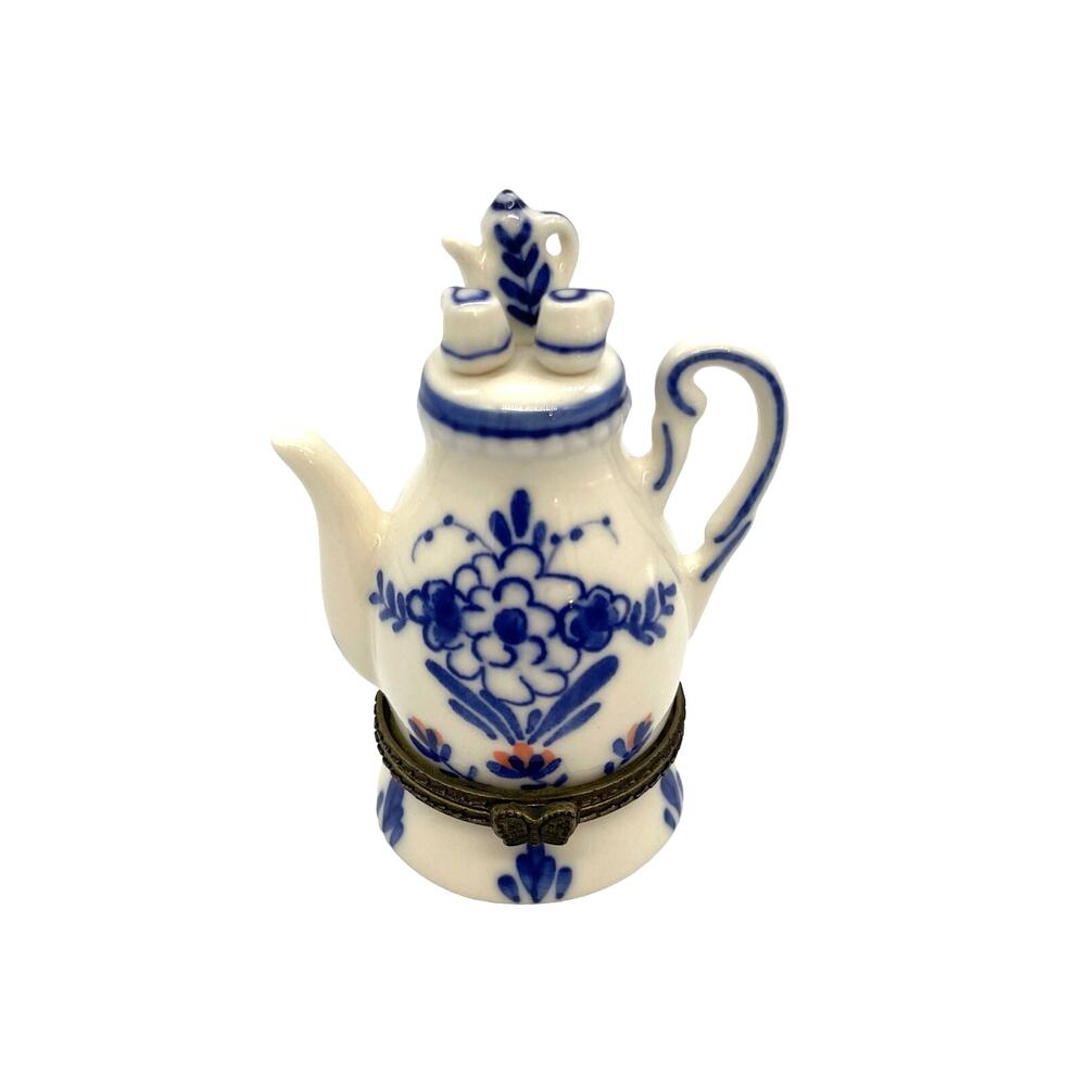 Vintage Delft Blue Hand Painted Mini Hinged Tea Pot Trinket Box Holland